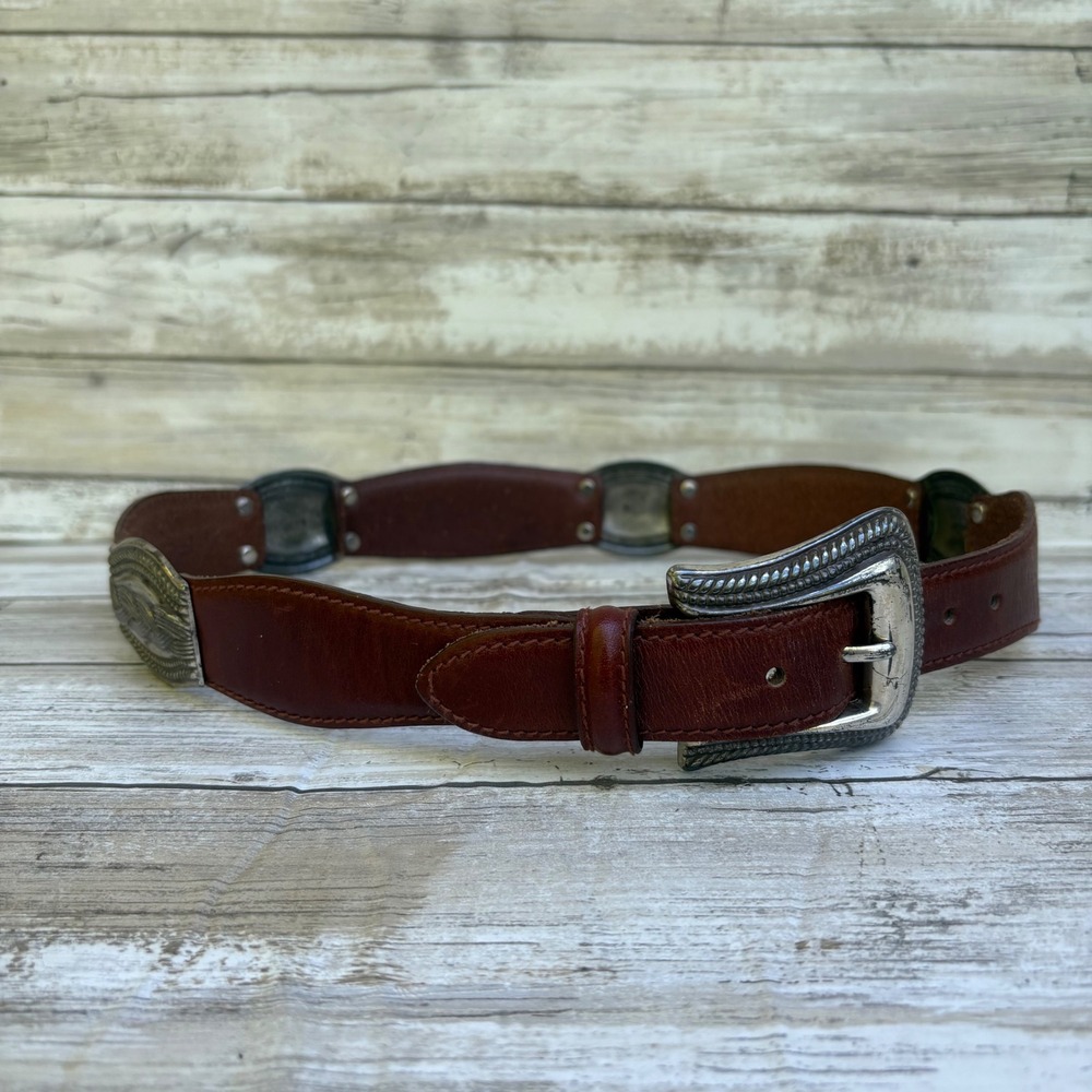 Fossil Leather Belt Small Brown Western Concho Braided Silver Tone 27" Chunky